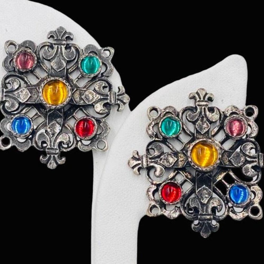 Vintage Jeweled Fleur-de-Lis Pewter Tone Earrings
